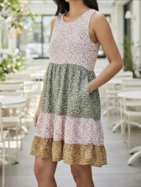 Coco + Carmen Floral Sleeveless Tiered Mini Spring Summer Boho Dress Size L/XL